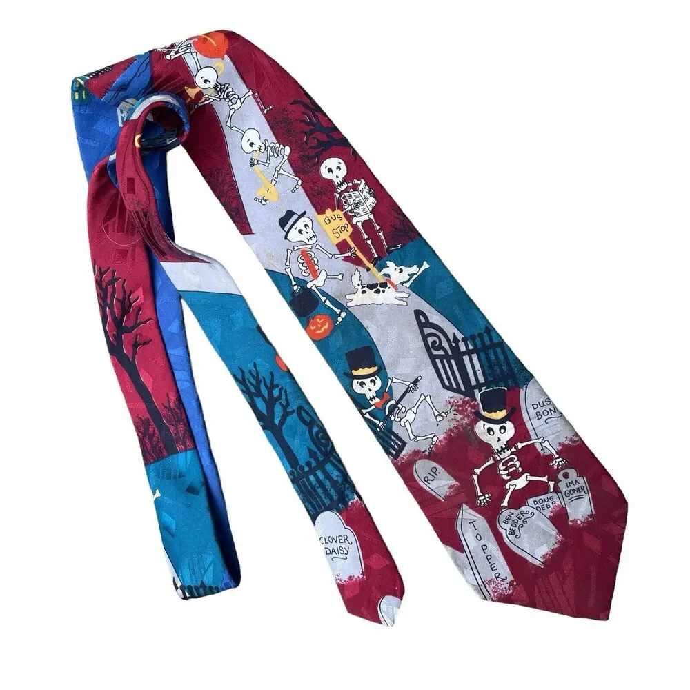 Hallmark Celebrations‎ Mens Halloween Neck Tie Trumpet Playing Skeletons Dogs